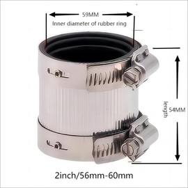 Flexible pipe Coupling with Stainless Steel Clamps.Pipe Connector for PVC and Metal Pipes (2 inch/56mm-60mm)