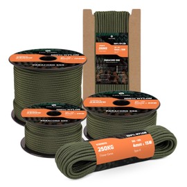 Kamu Synber 550 Paracord, 4 mm, 10 m, Type III Cord, 7 Strands, Nylon Rope, Parachute Cord for Crafts, Outdoor, Camping, Survival, Load Capacity 250 kg, Army Green