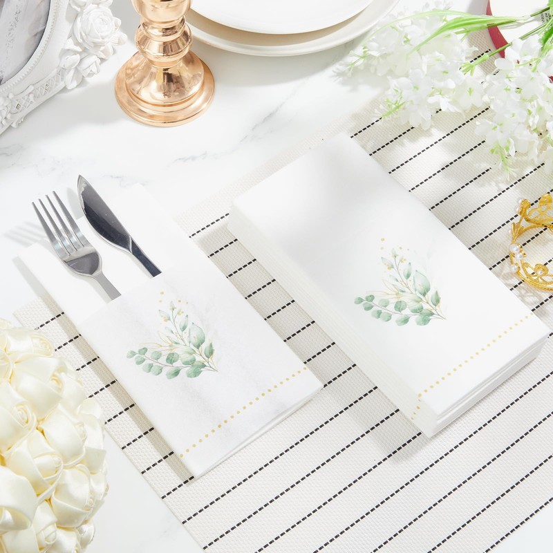 Janlaugh 100 Pack Christmas Golden Eucalyptus Linen Disposable Napkins with