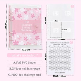 A5 Money Saving Book with 100 Numbered Envelopes - Budget Planner Including Savings Challenge, Tear Off Progress Calendar & Organiser Compartments (Pink Cherry Blossoms) - For Effective Budget