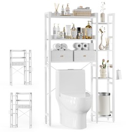 Housolution Over The Toilet Storage with 2 Drawers, 7 Tier Over Toilet Bathroom Organizer with Height Adjustable Shelves and Hooks, Space Saver Above Toilet Rack for Bathroom/Restroom/Laundry, White