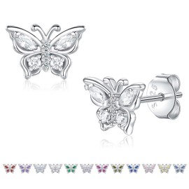 SOLOLIKE April Birthstone Earrings for Women: 925 Sterling Silver Butterfly White Stud Earring - Birthstones Jewelry Earring Christmas Anniversary Birthday Gifts