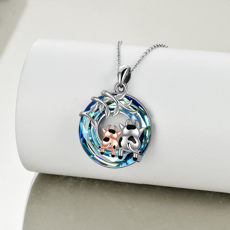 AXELUNA Blue Circle Crystal Cow Necklace for Women I Love