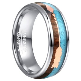 Vakki Rose Gold Arrow Tungsten Ring for Men Koa Wood and Turquoise Inlay 8mm Silver Wedding Band Size 7-12, 8, Tungsten Carbide, wood