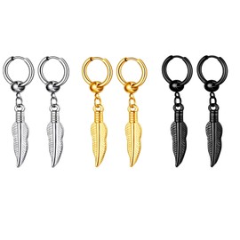 HinDaLi 3 Pairs of Earrings Feather Silver Earrings Stainless Steel Men's Earrings Men's Black Titanium Earrings Hanging Silver Earrings Women's Hoop Earrings Gold Set Piercing Earrings Men Earrings