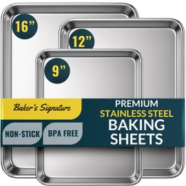 Baker’s Signature Stainless Steel Cookie Sheet Pan, Stainless Steel Baking Sheet Set of 3, Mirror Finish, Non-Stick, Rust Resistant, BPA Free, Dishwasher Safe, 9/12/16 Inch