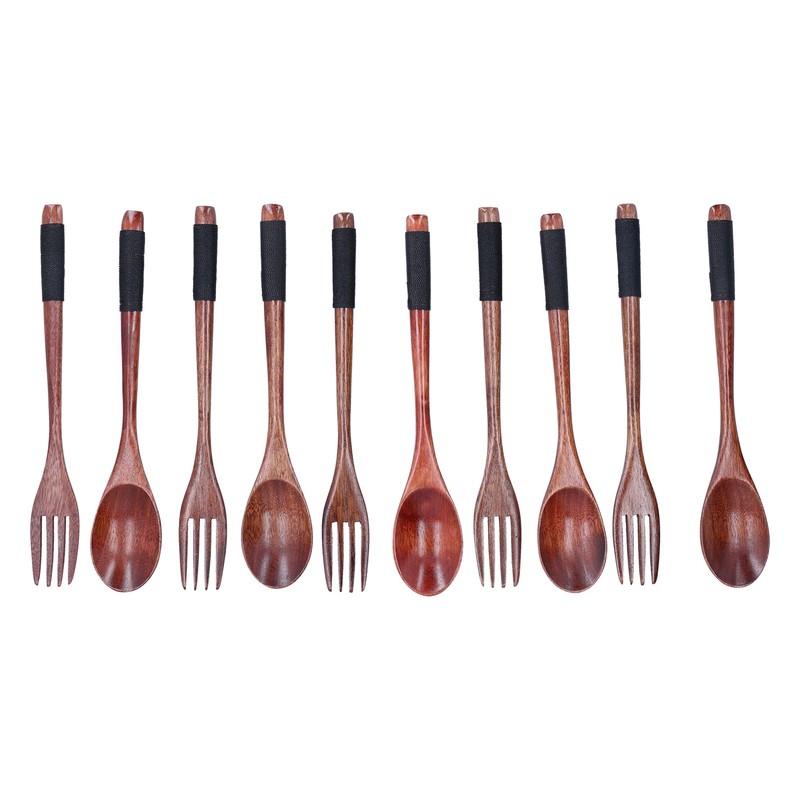 Wooden Tableware Set EcoFriendly Spoon Fork Reusable Hand Made Utensils