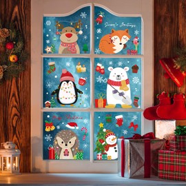 JarThenaAMCS 181Pcs Merry Christmas Window Clings Cartoon Animal Window Stickers Double-Side Cute Glass Decals for Winter Xmas Home Party Supplies, 7.9 x 11.8 Inch, 9 Sheets