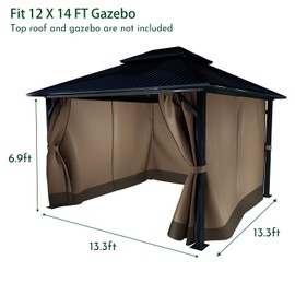 COWVIE Gazebo Curtain Replacement Universal 4-Panel Sidewalls 12' x 14', Patio Gazebo Privacy Curtains with Double Zipper, Replacement for Outdoor Patio Gazebo Canopy (Curtain Only)