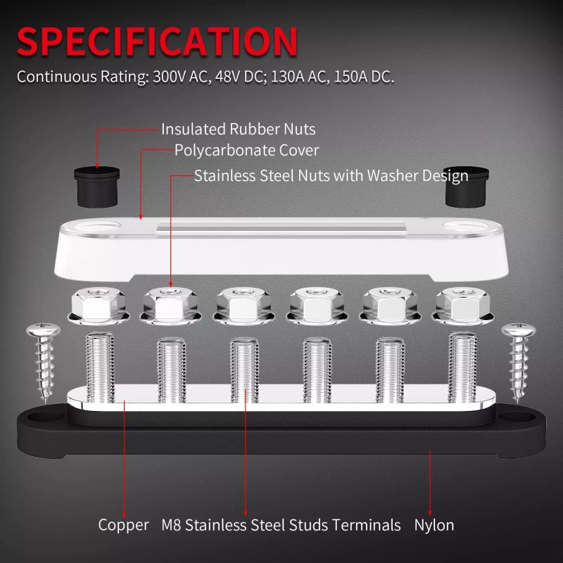 DAIERTEK 12V Bus Bar 6 x 5/16" (M8) Terminal Studs