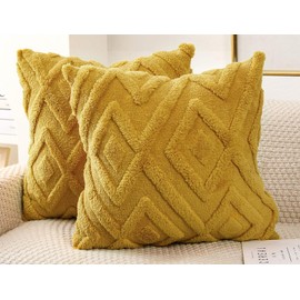 DRNOU Set of 2 Faux Fur Yellow Throw Pillow Covers 22x22,Soft Checkborad Pattern Decorative Boho Pillow Cover Case Cushion Cover for Sofa Couch Bed Livingroom Farmhouse,Modern Accent