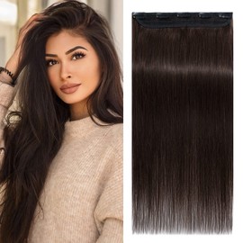 Benehair Dark Brown Hair Extensions Clip in Straight 16 Inch 3/4 Full Head One Piece Hair Clip in with 5 Clips Clip in Hair Extensions Real Human Hair for Women with Thinning Hair(#2 Dark Brown, 16〃)