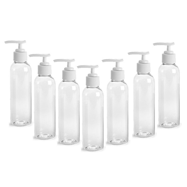 Grand Parfums 4oz Clear Empty PET Plastic Pump Bottles with White Lotion Pump Dispenser (6-Pack), Refillable Cosmo Bottles for Lotions, Shampoos, Conditioner, Beauty Products