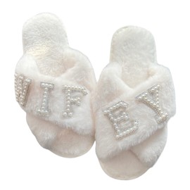 VOPHIA Women's Fuzzy Bride Sandal White Plush Sole Slip Resistant Slide Wedding Gift (Wifey, Large)