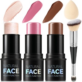LemonSac Kit de maquillaje en barra de contorno en crema de 3 piezas, tonos con barra iluminadora, rubor y bronceador de contorno