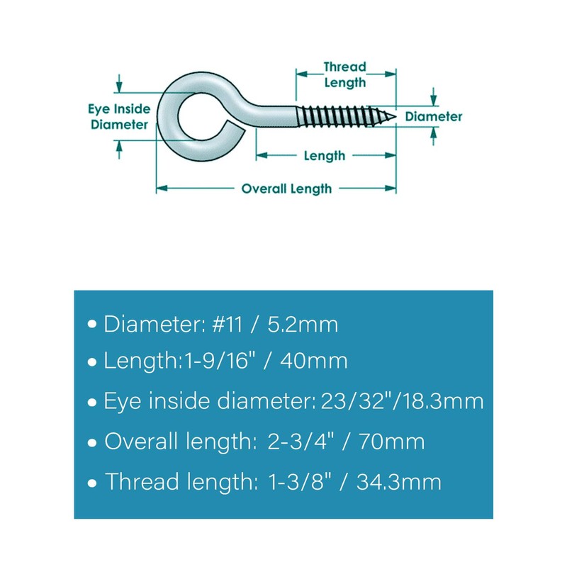 IMScrews 5pcs #11 x 2-3/4 Inch Screw Eyes Small Eyelet