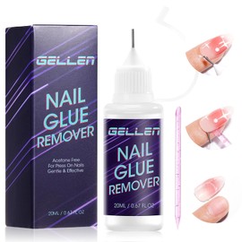 Gellen Nail Glue Remover, 0.67 Fl.oz Non Acetone Press On Nail Remover, 10s Fast Gentle Removal for Quick Dry Strong Brush Bond, Solid Gel & UV Gel, Glue Off for Fake Nail Tips with Stick