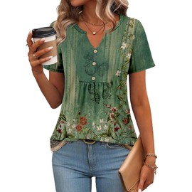 Zeagoo Short Sleeve Henley Shirts for Women Summer Floral Boho Tops V Neck Pleated T-Shirts Button Down Casual Loose Dressy Blouse Trendy Basic Tees