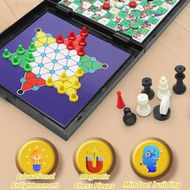 5 in 1 Chess Game Board Set, Board Game Mini Magnetic Chess, Mini Magnetic Games, Snakes and Ladders, Ludo Games, Draughts, Checkers, Educational Toys for Kids and Adults