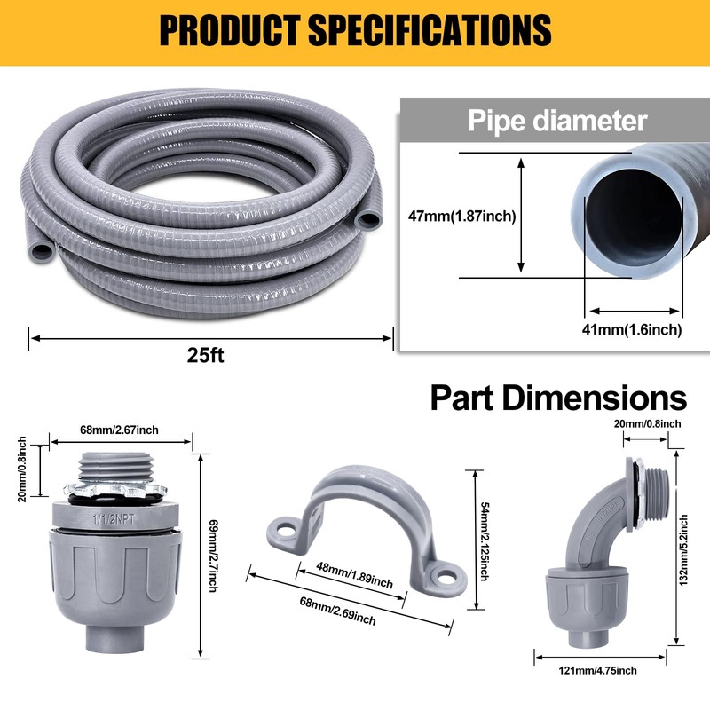 Wocloer 1-1/2 inch 25 Foot Liquid-Tight Conduit Kit, Flexible Non