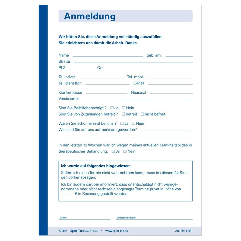 Registration Form Treatment Therapy Registration Form 50 Sheets DIN A6