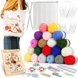 Coopay Knitting Kit for Beginners w/20 Colors Yarn, Knitting Set Include 11 Pairs Knitting Needles Set & 11 Circular Knitting Needles with Cat Tote Bag Knitting Book, Knitting Kit for Beginners Adults
