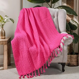 Home Soft Things Basket Weave Throw Blanket, Soft Cozy Warm Blanket with Braided Decorative Throw for Couch Sofa Outdoor Indoor, Hot Pink, 50''x60