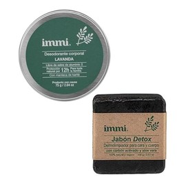 IMMI Desodorante Natural Lavanda en Tarro y Jabón Detox de 100g, dermolimpiador para cara y cuerpo con carbón activado y aloe vera.