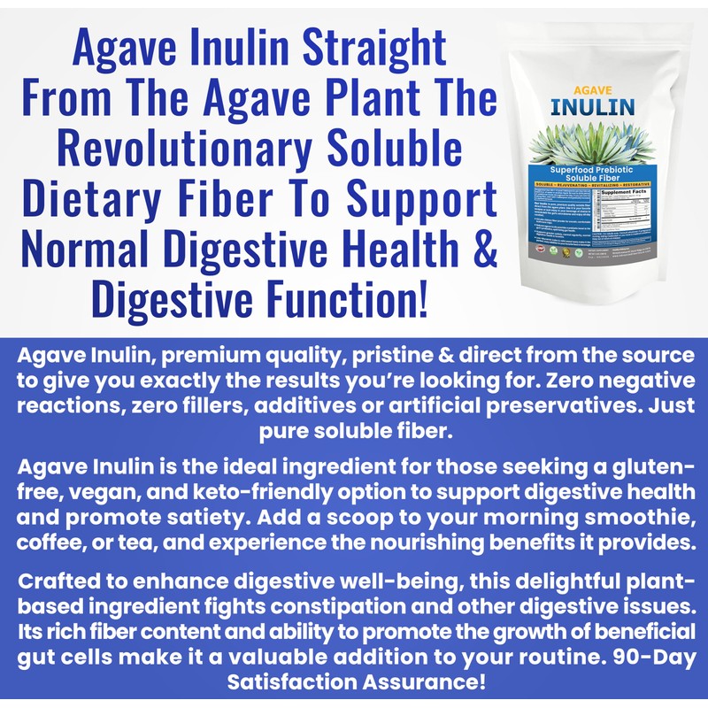 Organic Inulin Powder (48oz/3 lbs) Gentle Agave Prebiotic Soluble Fiber
