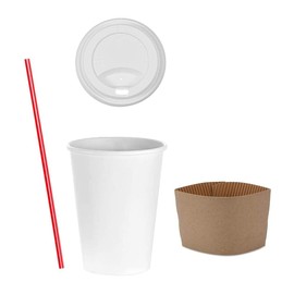 AME D’ESSENCE (500 PC) 12 oz Disposable Coffee Cups with Dome Lids, Sleeves, and Stirrers – White Hot Paper Cups for Coffee, Tea, and Hot Beverages