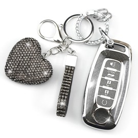 YIKECASE Key Fob Cover with Diamond Keychain Compatible with Nissan Car Key Holder Compatible with Nissan Rogue Pathfinder (2023 2024 2025) Sentra (2024 2025) for Women, 5 Buttons (Black-Heart)