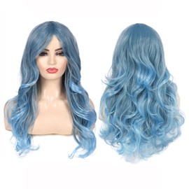 Long Curly Wavy Blue Wigs for Women Synthetic Halloween Cosplay Hair Wig