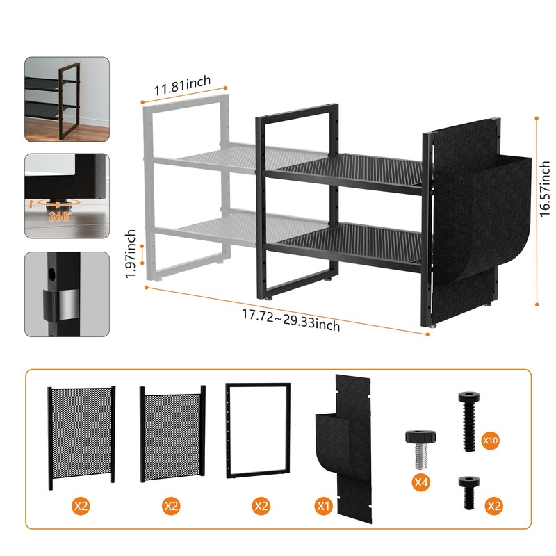 Shoe Rack with Side Pocket, Expandable 2-Tier Mesh Shoe Organizer