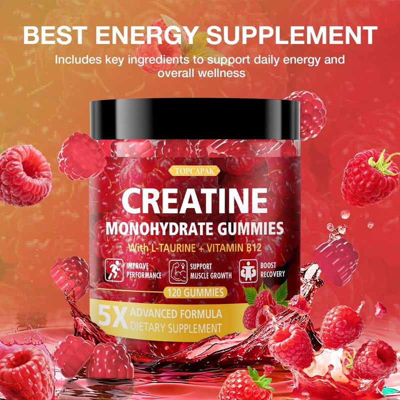 TOPCAPAK Creatine Gummies for Men & Women, Raspberry Flavor, 120
