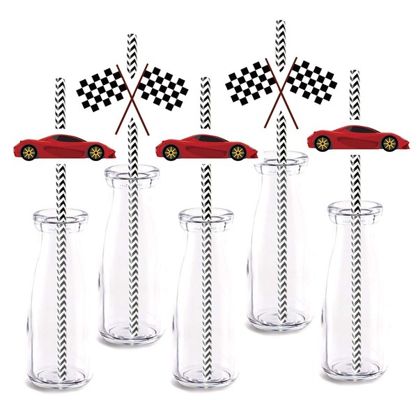 Caring Car Party Straw Decor, 24-Pack Race Car Flag Baby Shower Birthday Party Decorations, Paper Decorative Straws