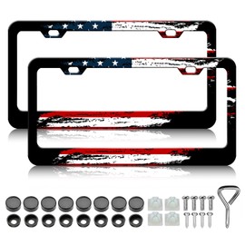 American Flag License Plate Frames - 2 Pack Vintage US Flag Stainless Steel License Plate Holder,Rust-Proof Waterproof Car Decorative Tag Frame with Screws Fasteners Caps