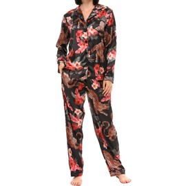 Alexander Del Rossa Long Sleeve Satin Pajama Set for Women, Satin PJs for Women Set, Womens Satin Pajama Set Black Tiger Floral Medium (A0750A76MD)