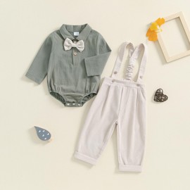 Newborn Baby Boy Gentleman Suit 0-24M Toddler Infant Boys Fall Winter Outfit Solid Color Long Sleeve Rompers With Bow Tie Shirts and Suspender Pants 2 Piece Clothes Set (Green, 6-12 Months)