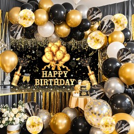 YinQin 63 PCS Black Gold Happy Birthday Party Balloons Set with Photo Backgrounds Backdrops Banner Cloth Confetti Balloon Black Golden Happy Birthday Party Supplies Decorations for Men Women