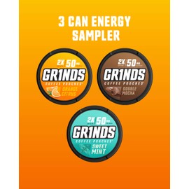 Grinds Coffee Pouches | 3 Can Energy Sampler | Double Mocha, Sweet Mint, Orange Citrus | 1 Pouch eq. 1/2 Cup of Coffee (3 Can Energy Sampler Pack)