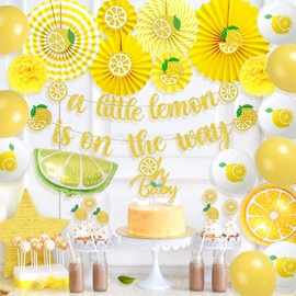 Lemon Baby Shower Party Decorations, Homond Fruit Decor, A Little is on the Way Banner Oh Cake Cupcake Toppers, Fruits Theme Supplies Kit, Paper Fans Balloons for Lemonade Citrus Party., Yellow