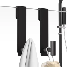 PMMASTO Shower Door Hooks, (7.5 Inch) Extended Over Door Hooks for Bathroom Frameless Glass, Stainless Steel Bath Towel Hooks, Heavy Duty Towel Hanger Rack (Black 2 Pack-T Shape)