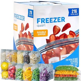 Freezer Bags | Double Zipper, Extra Wide, Easy to Open, Click & Lock BPA Free, Heavy Duty Plastic, Long Term Storage | Food Snack Meal Prep Leftover | Quart (7 X 7.4 Inches) 216 Bags