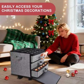 Christmas Ornament Storage Box with Wheels, Stackable Christmas Ornament Organizer with 3 Drawer Trays, Openable Ornament Organizer for Storing Christmas Decorations, Portable Christmas Ball Box