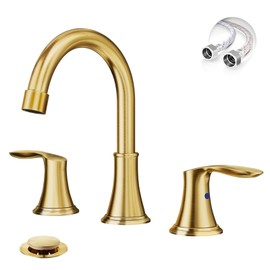 Phiestina Brushed Gold Widespread 8 Inch 3 Holes Bathroom Faucet，2 Handles Modern Bathroom Sink Faucet with Metal Pop-Up Drain & cUPC Water Supply Line, WFTY36-BG