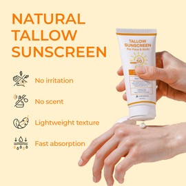 Beef Tallow Sunscreen with Mineral SPF 50 3oz : Instant Sun Protection Non Nano Zinc Oxide Sunblock- Non Greasy Formula- Beach Jogging Outdoor Sports - 3oz, 85g