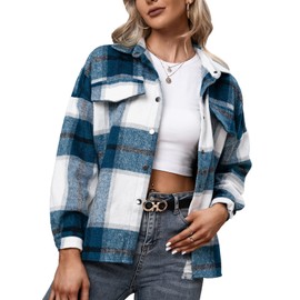 Century Star Shacket Jacket Women Plaid Shirts for Women Button Down Fall Shackets Long Sleeve Lapel Oversized Coats Navy X-Large