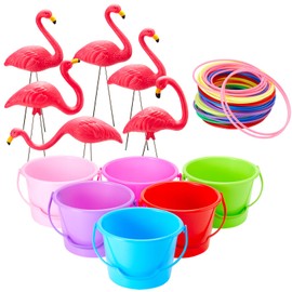 Cinnvoice 72 Pcs Small Flamingo Yard Stake Ring Toss Game Include Mini Pink Flamingo Yard Decorations Plastic Ring Toss and Sand Buckets Throwing Games for Beach, Camping, Lawn and Backyard