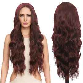 FUTAI Long Wavy Wig 30 Inch Wine Red HD Front Lace Body Curly Synthetic Hair Wigs for Women Professional Female Diverse Styles Daily Party Cosplay