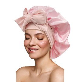 Gorros grandes de seda satinada para dormir con banda de corbata, correas ajustables, gorras de dormir nocturnas para mujer, cabello trenzado rizado, Rosado